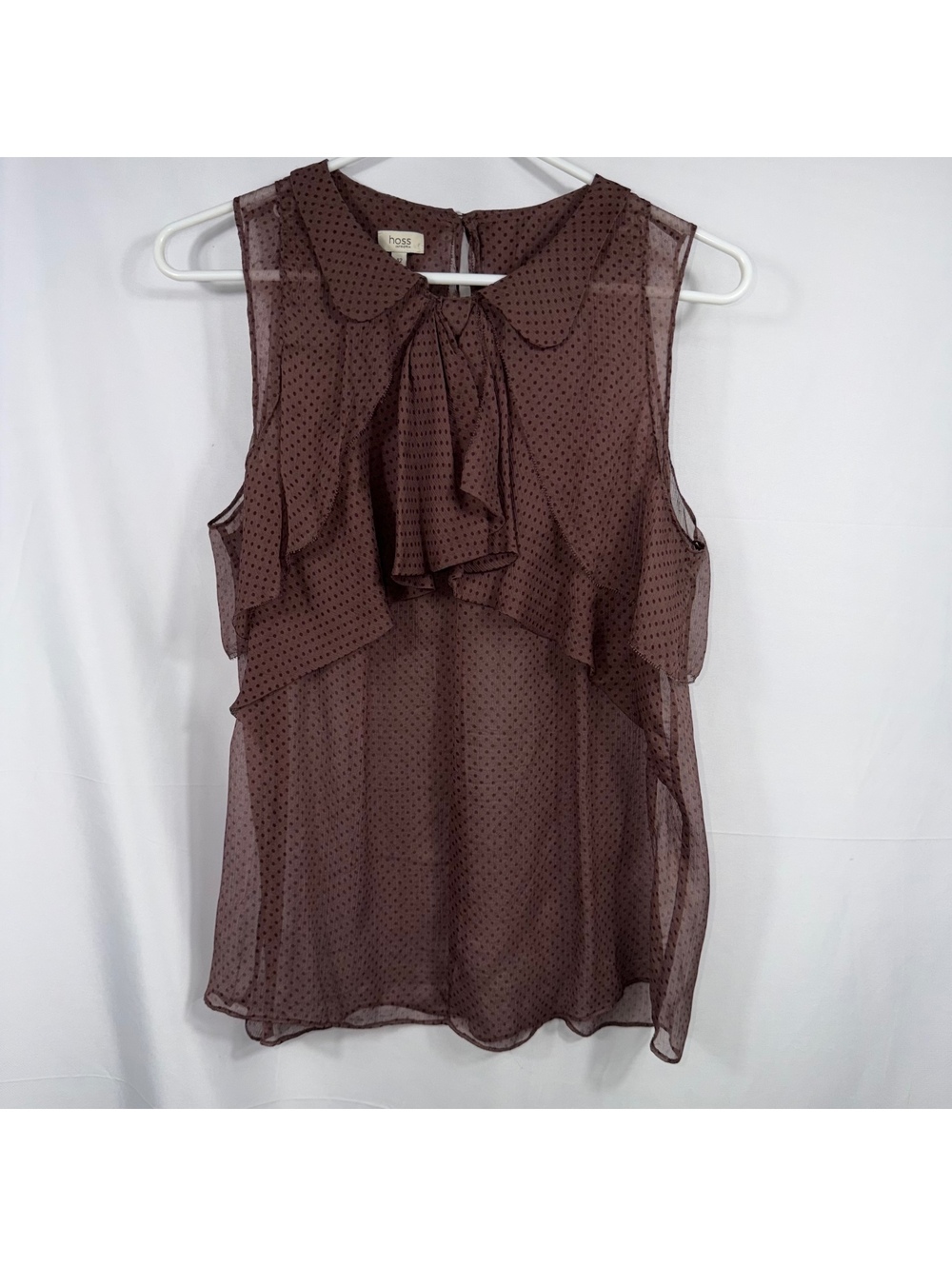 Hoss Intropia Sheer Swiss Dot Ruffle Tie Neck Sleeveless Blouse Women’s US 10